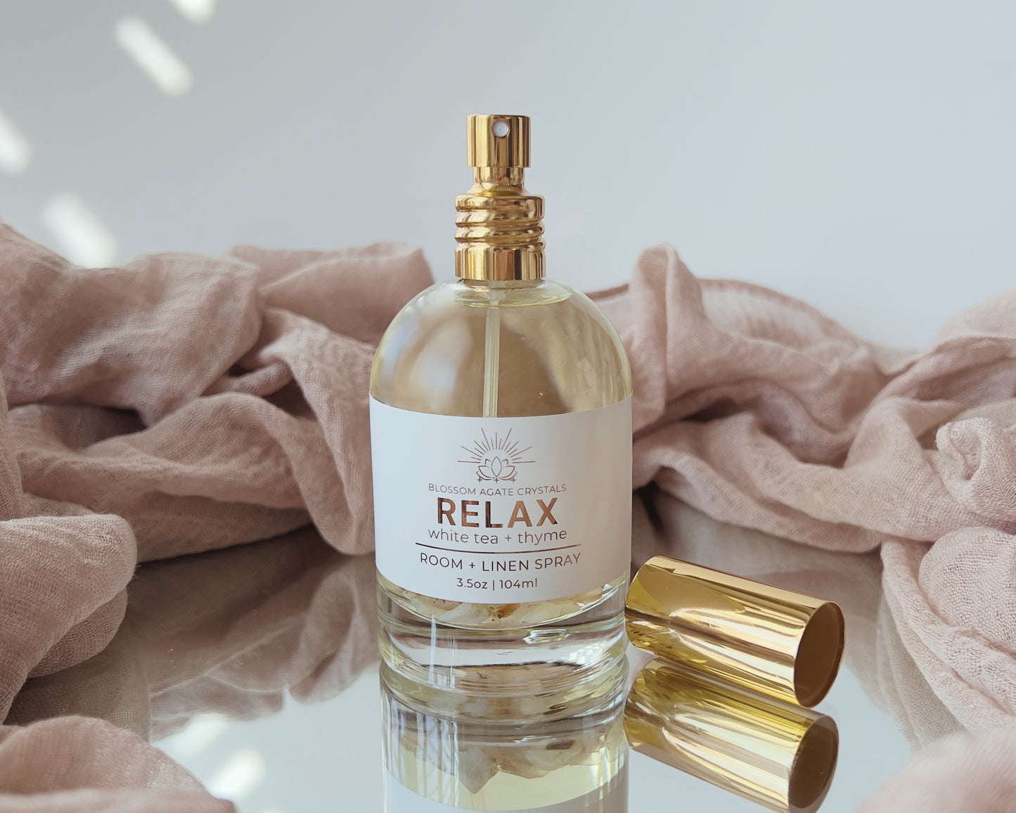 Relax Crystal Infused Room + Linen Spray | White Tea + Thyme - Blossom Agate Crystals