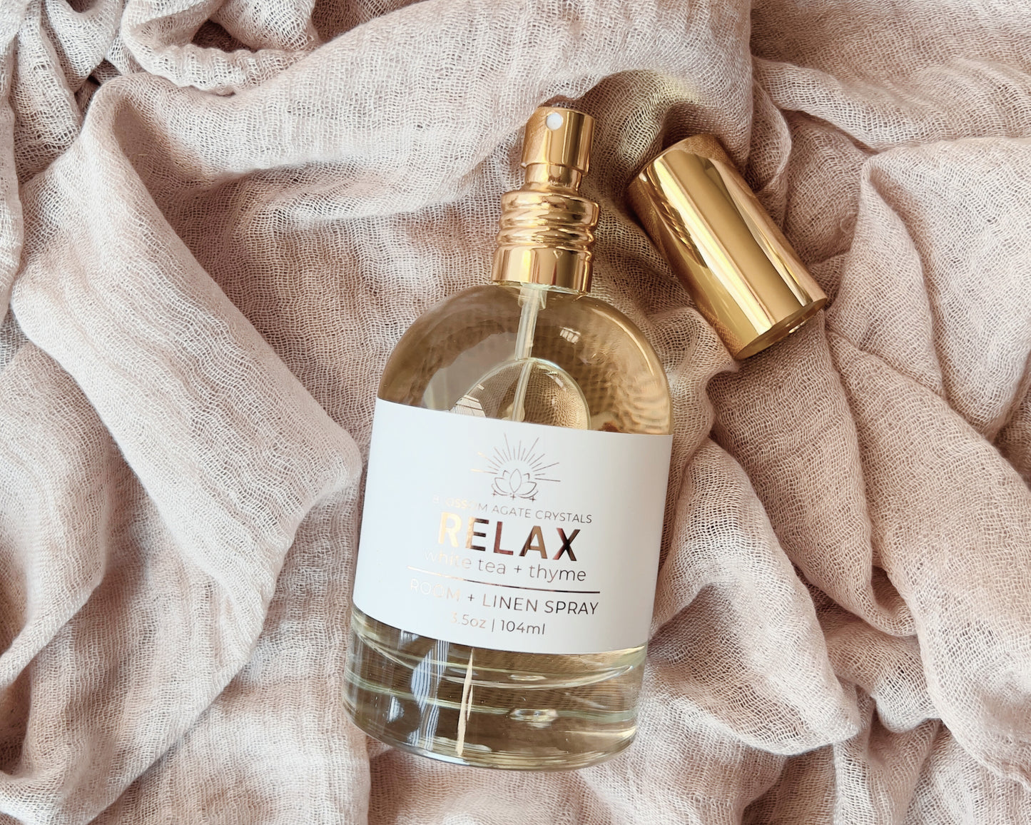 Relax Crystal Infused Room + Linen Spray | White Tea + Thyme - Blossom Agate Crystals
