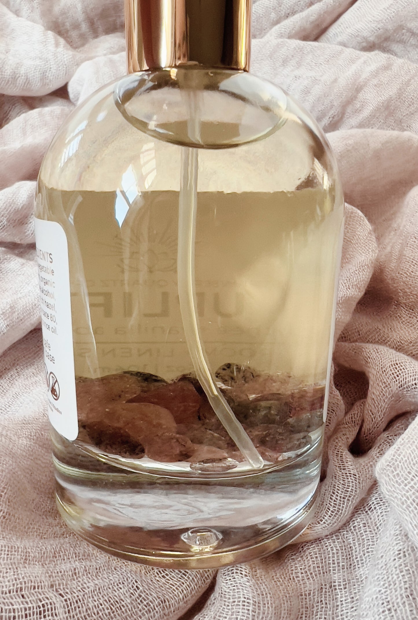 Uplift Crystal Infused Room + Linen Spray | Lychee + Vanilla Absolute - Strawberry Quartz Crystals
