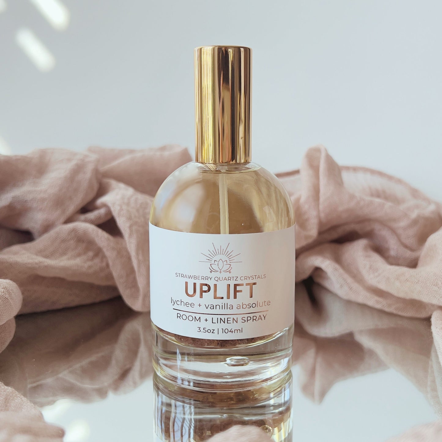 Uplift Crystal Infused Room + Linen Spray | Lychee + Vanilla Absolute - Strawberry Quartz Crystals