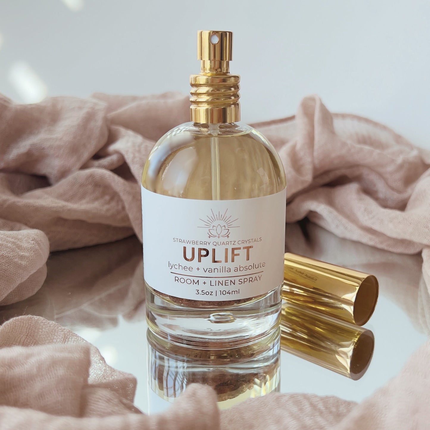 Uplift Crystal Infused Room + Linen Spray | Lychee + Vanilla Absolute - Strawberry Quartz Crystals