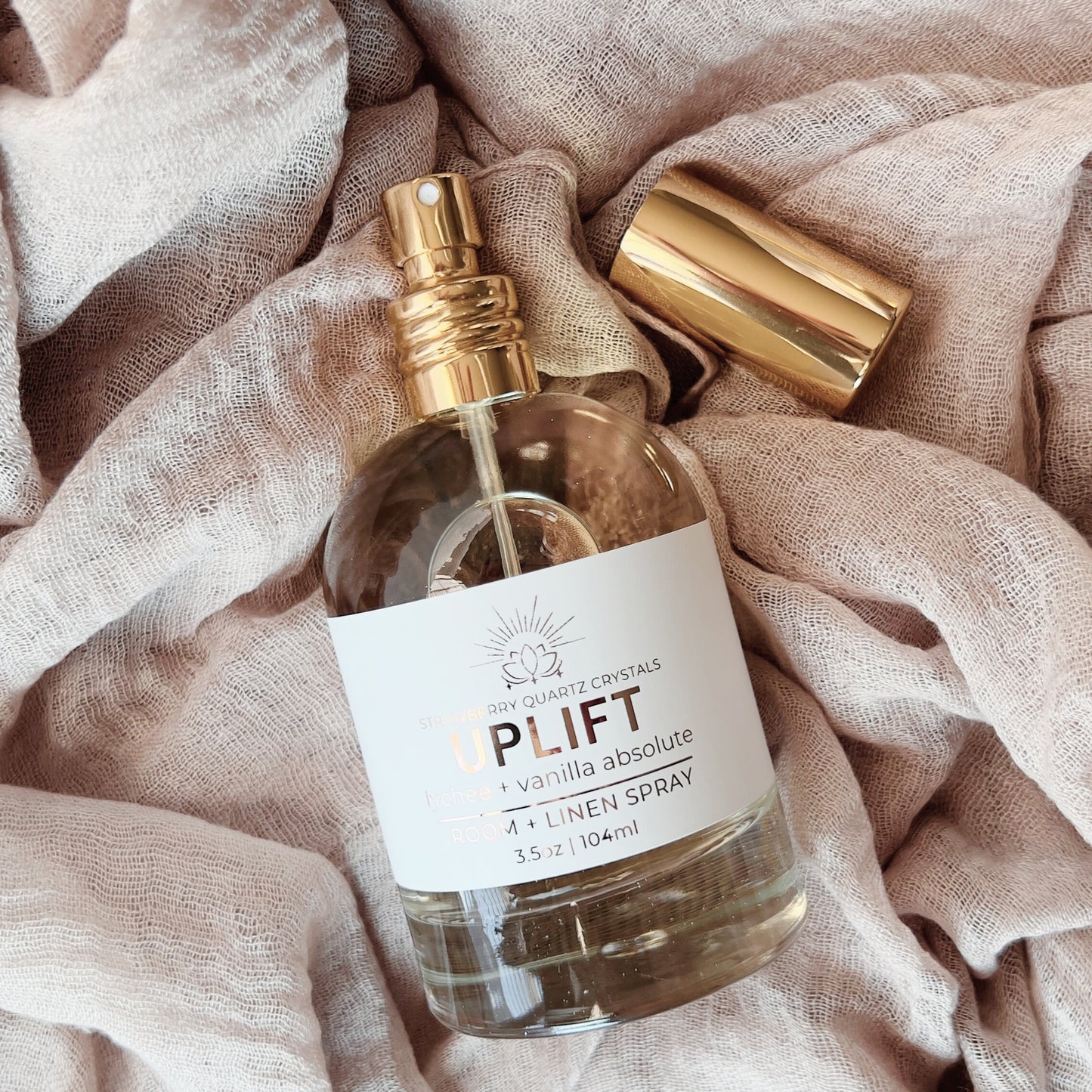 Uplift Crystal Infused Room + Linen Spray | Lychee + Vanilla Absolute - Strawberry Quartz Crystals