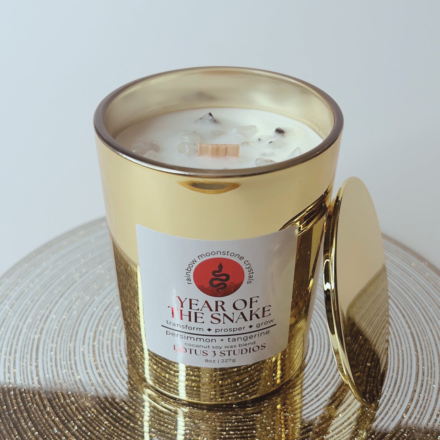 Year of the Snake - Scented Candle infused with Rainbow Moonstone Crystals | Persimmon + Mandarin