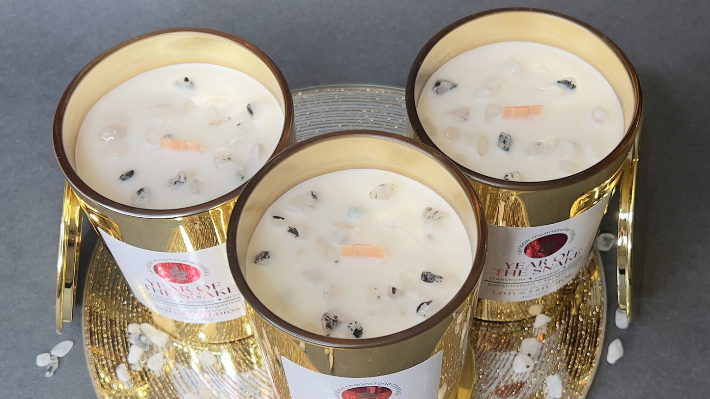 Year of the Snake - Scented Candle infused with Rainbow Moonstone Crystals | Persimmon + Mandarin