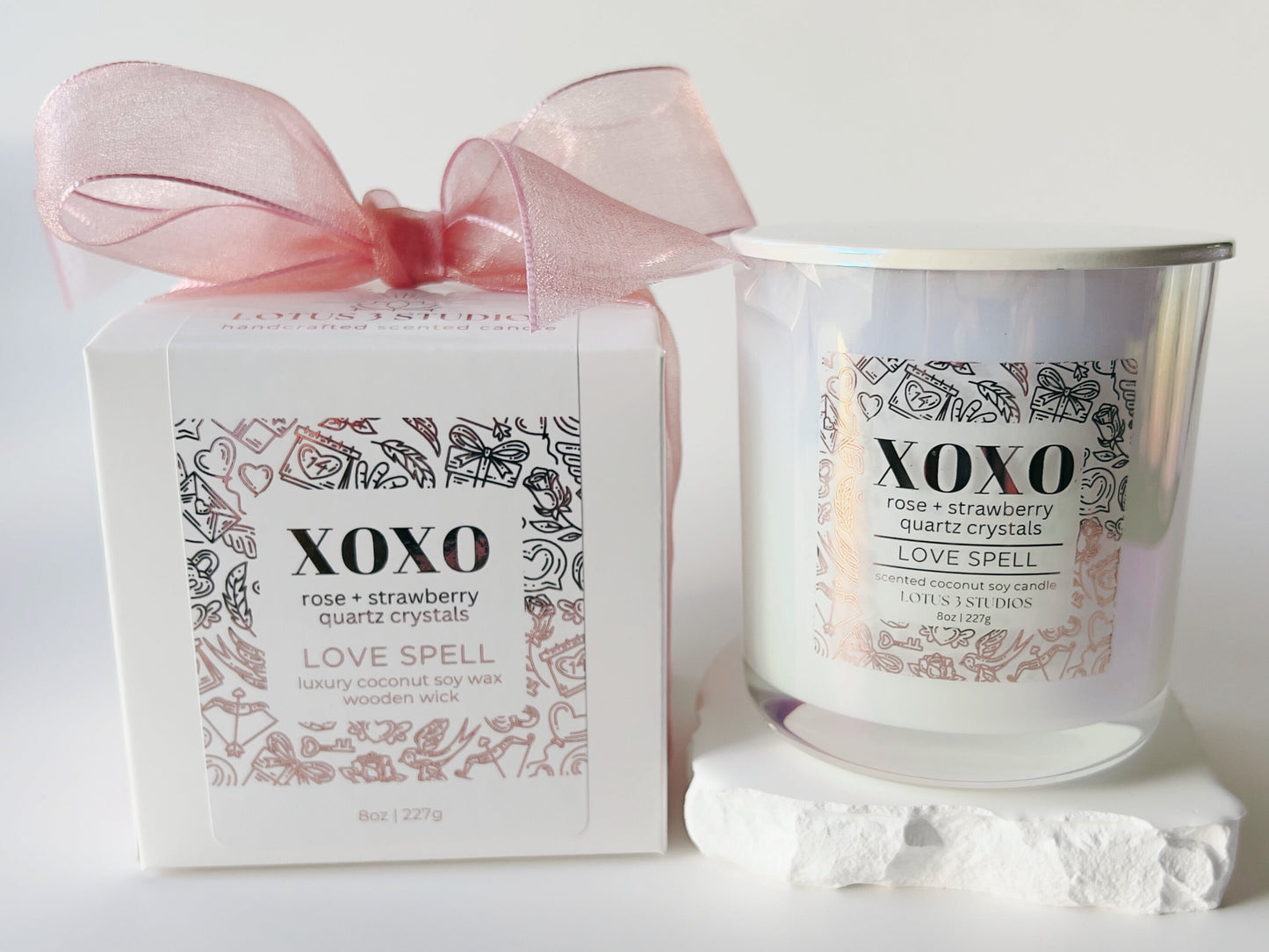 XOXO Rose + Strawberry Quartz Crystal Candle | Love Spell