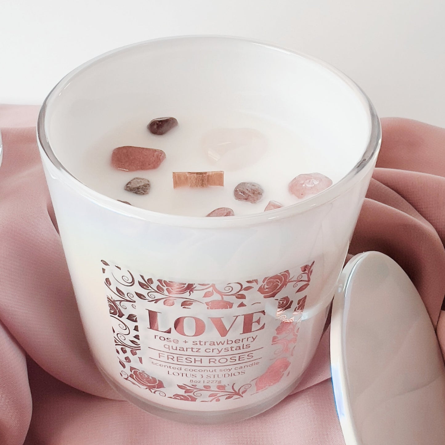 Love Rose + Strawberry Quartz Crystal Candle | Fresh Roses