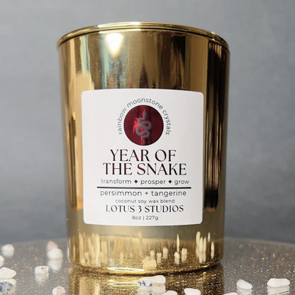 Year of the Snake - Scented Candle infused with Rainbow Moonstone Crystals | Persimmon + Mandarin