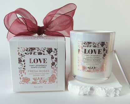 Love Rose + Strawberry Quartz Crystal Candle | Fresh Roses