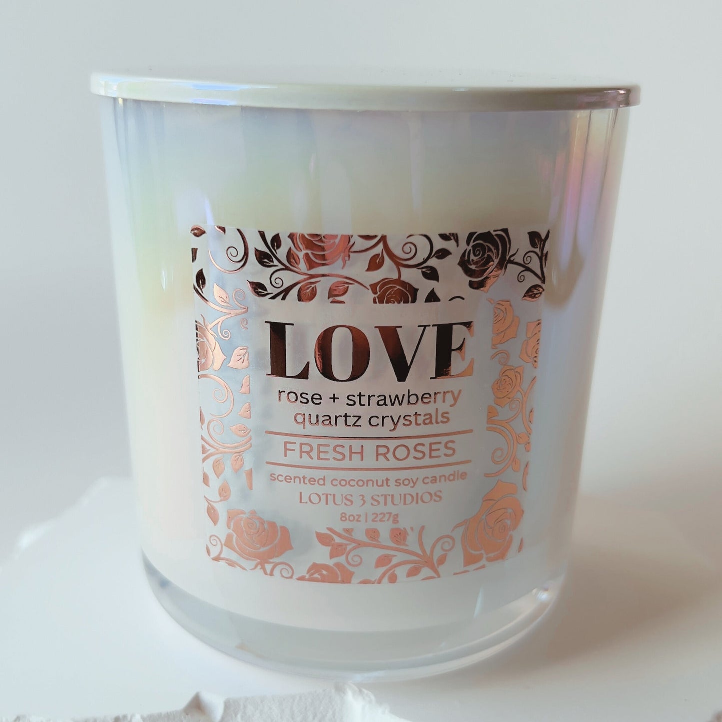 Love Rose + Strawberry Quartz Crystal Candle | Fresh Roses