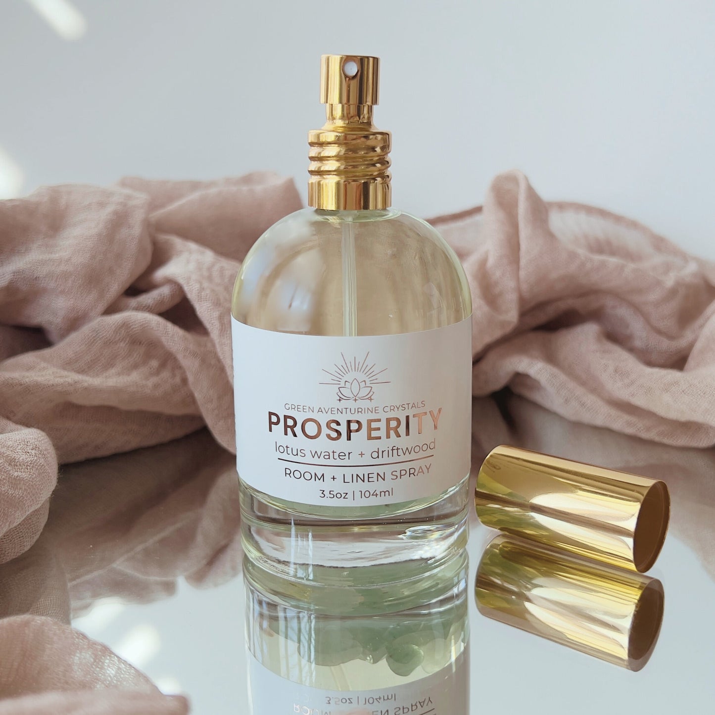 Prosperity Crystal Infused Room + Linen Spray | Lotus Leaf + Driftwood - Green Aventurine Crystals