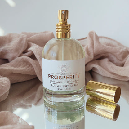 Prosperity Crystal Infused Room + Linen Spray | Lotus Leaf + Driftwood - Green Aventurine Crystals