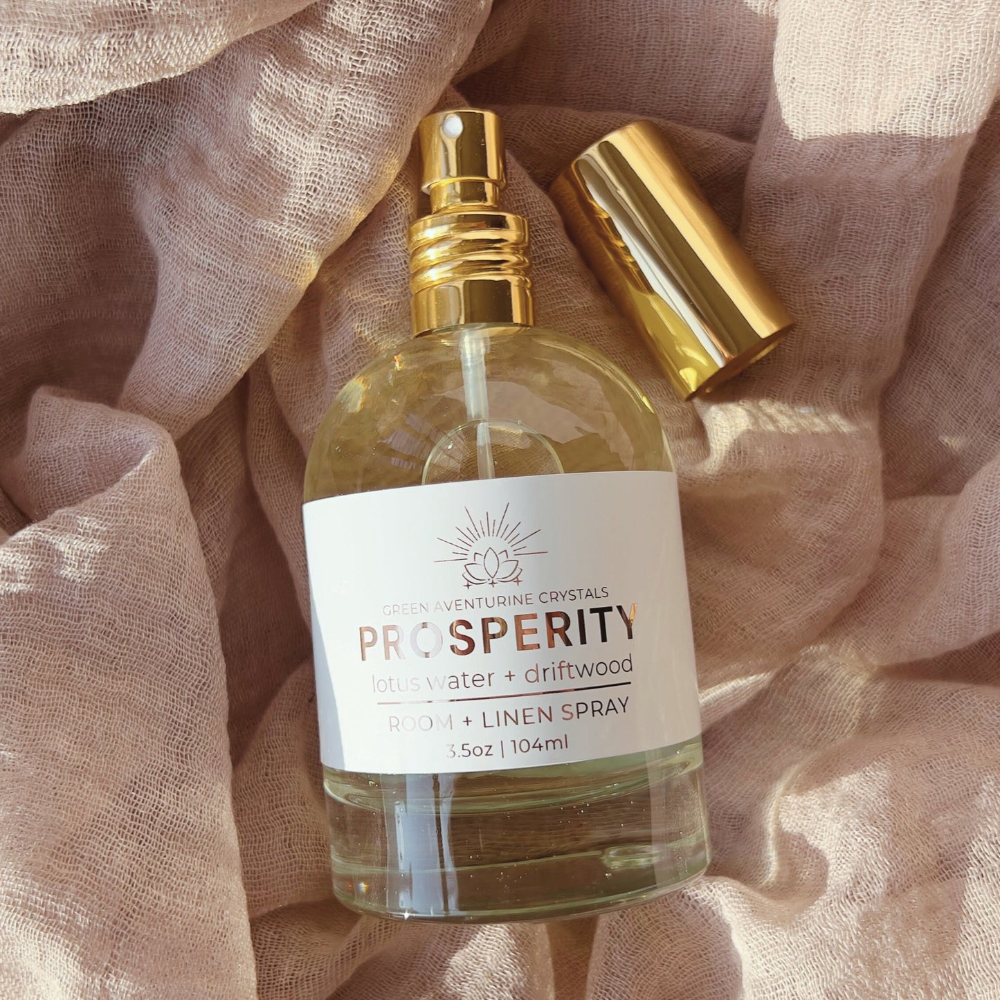 Prosperity Crystal Infused Room + Linen Spray | Lotus Leaf + Driftwood - Green Aventurine Crystals