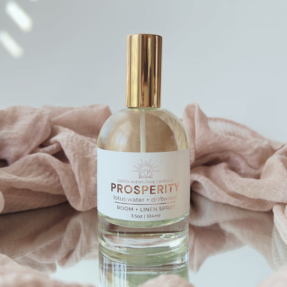 Prosperity Crystal Infused Room + Linen Spray | Lotus Leaf + Driftwood - Green Aventurine Crystals